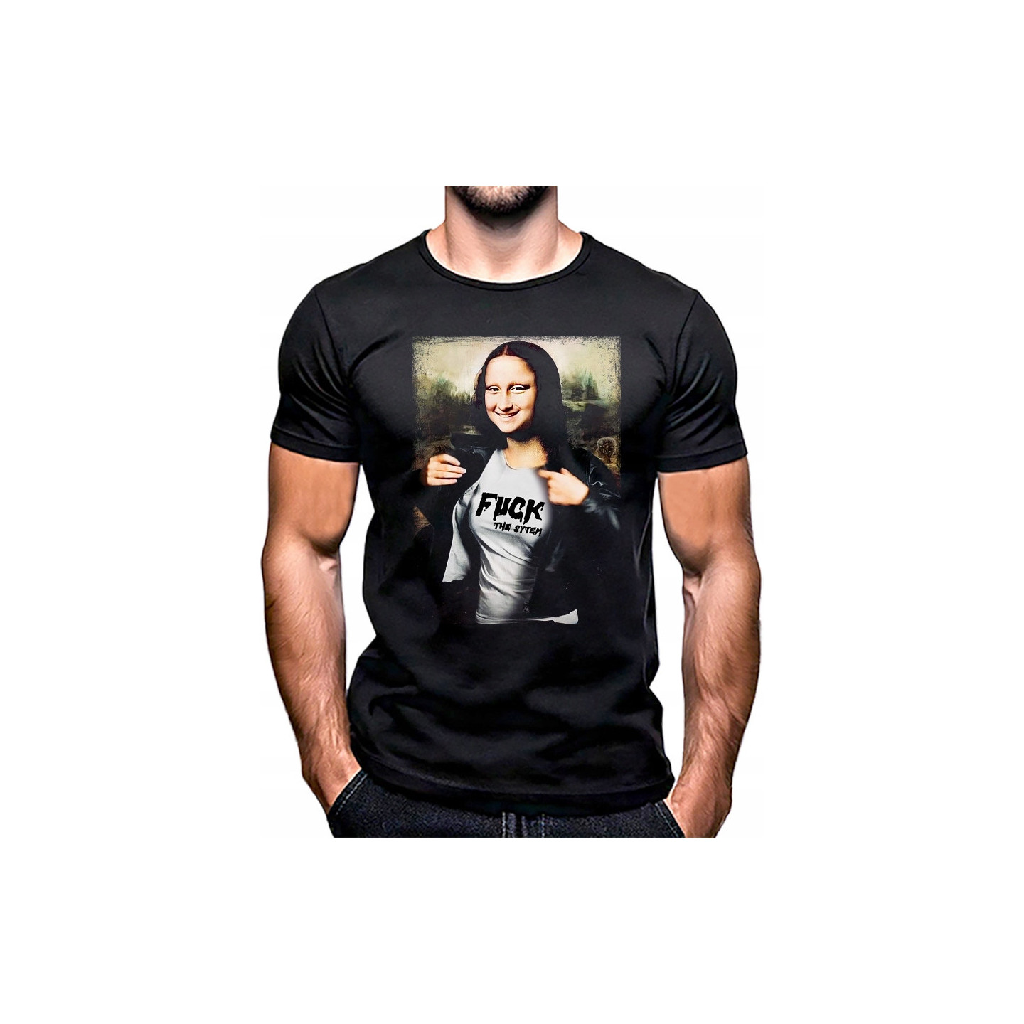 MONA LISA KOSZULKA MĘSKA F*CK THE SYSTEM WESOŁA Z NAPISAMI STYL MIEJSKI